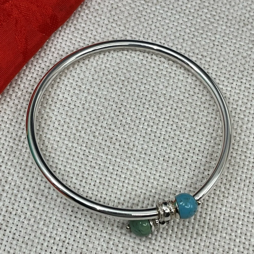 Vintage 925 Sterling Silver Front-Open Torque Bracelet - Turquoise - Picture 11 of 17